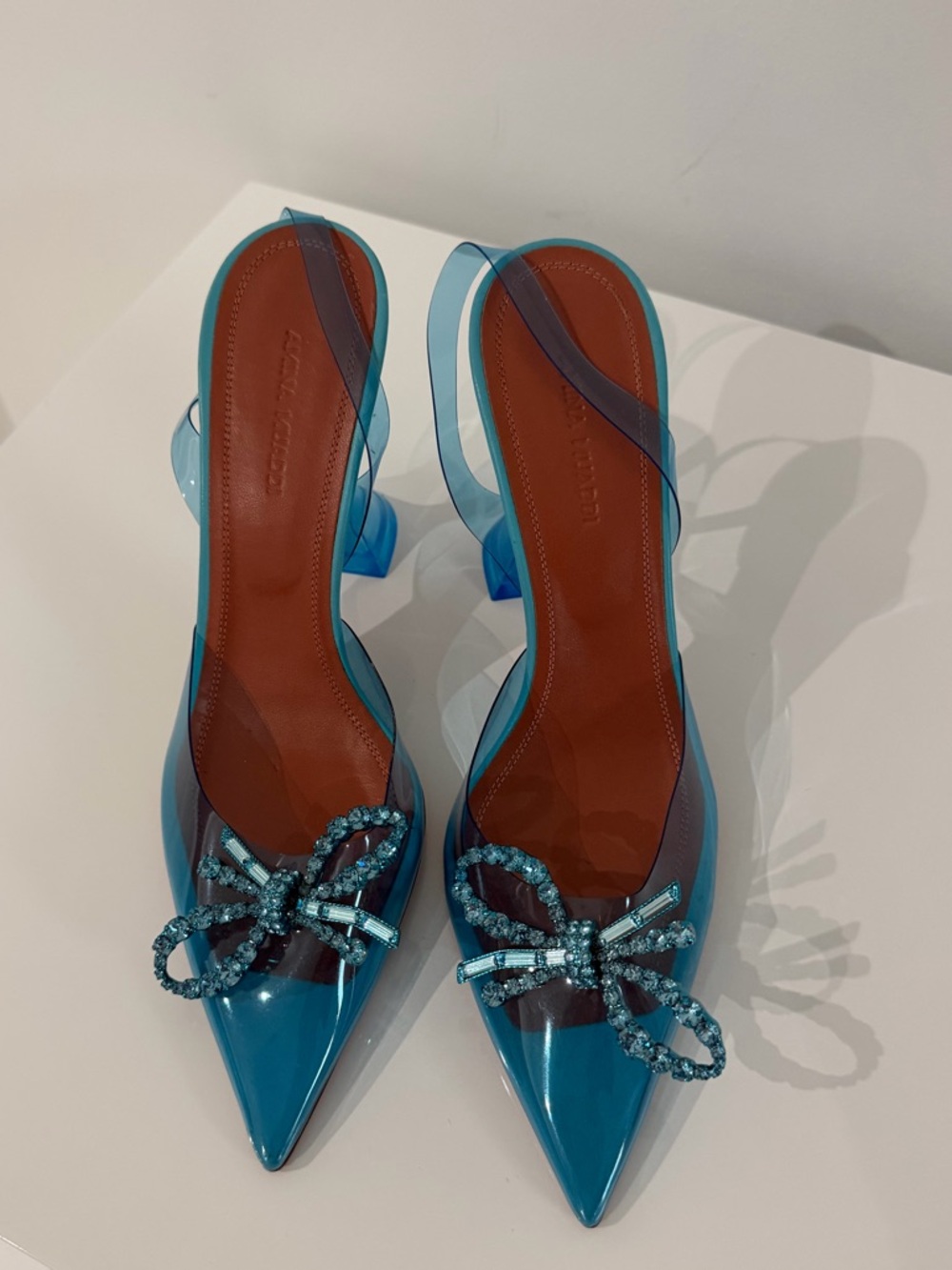 Amina Muaddi Teal Pointed PVC Slingback Pumps with Crystal Bow - Picture 3 of 5